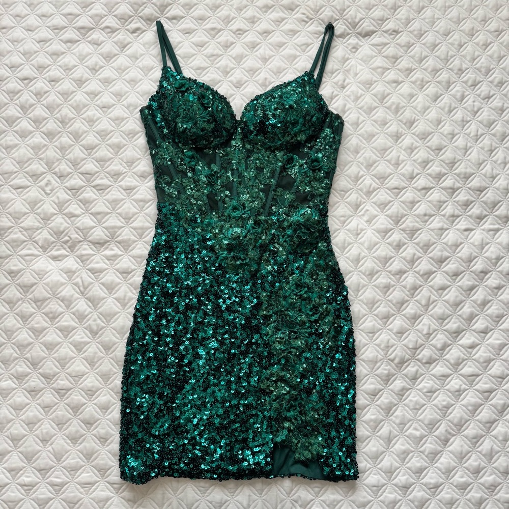 STACEES Dark Green Floral Sheer Corset Sequin Mini Spaghetti Strap Dress Sz 2 - Picture 2 of 16
